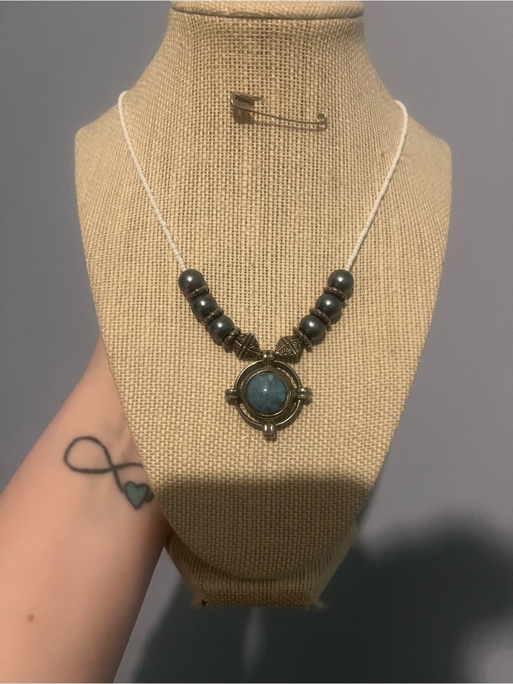 #102. Handmade Blue Stone Pendant Necklace with Antique Gold Accents - Picture 2 of 5